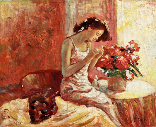 Woman by bouquet of flowers