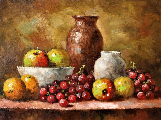 Still life of fruit and pottery on a table