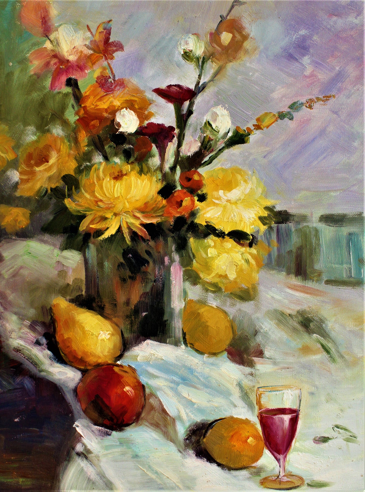 Nature morte de fleurs, de fruits et de vin