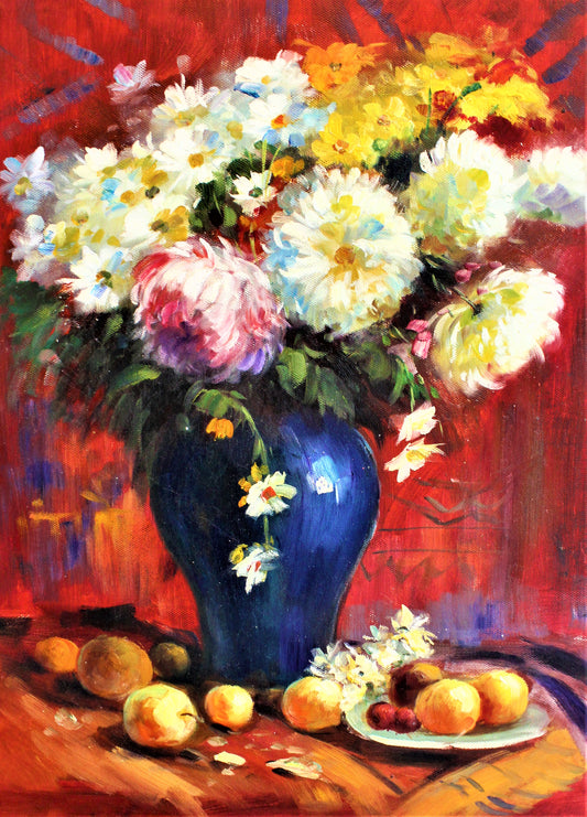 Still life of white, yellow and pink bouquet in a blue vase