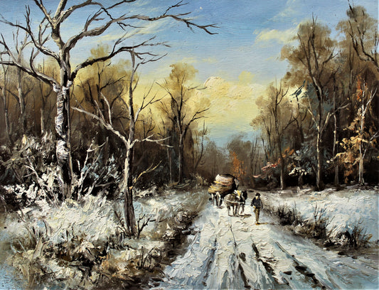 Snowy road with horse drawn carriage