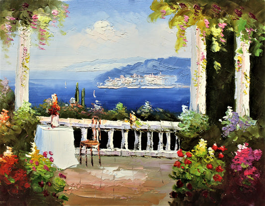 Balcony table with view of coastline