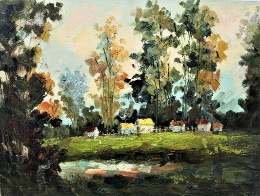 Small houses near a pond