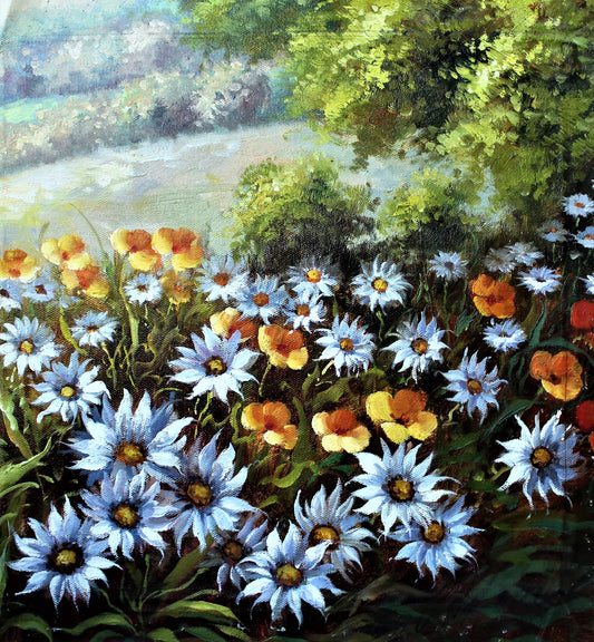 Field of yellow and blue flowers
