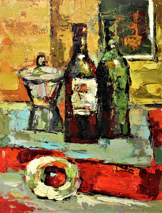 Expressive still life of wine and a metal container
