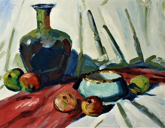 Still life of fruit and pottery