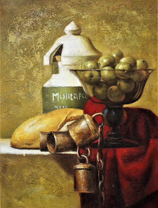 Still life of olives and bread on a table