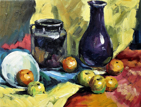 Still life of apples and vases