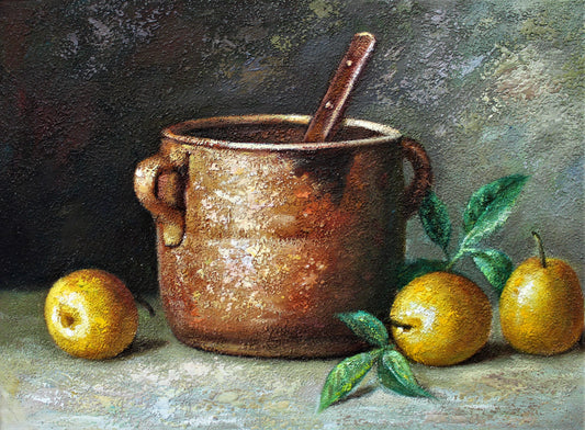 Still life of yellow apples and a copper pot