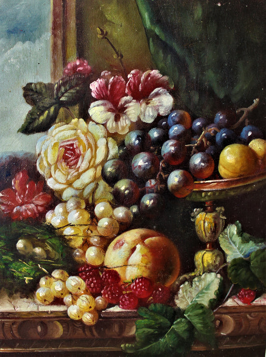 Still life of flowers and fruit by a window