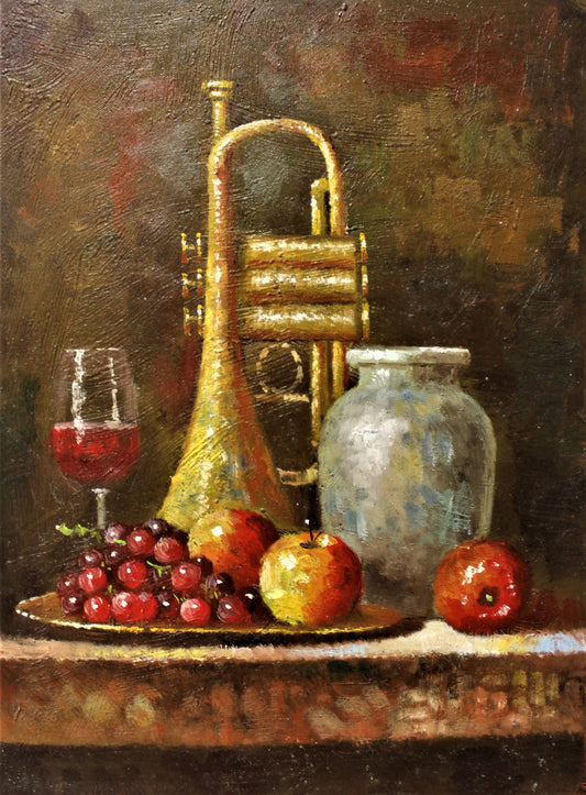 Still life of a trumpet, wine, and fruit