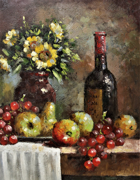 Still life of a bottle, flowers and fruit