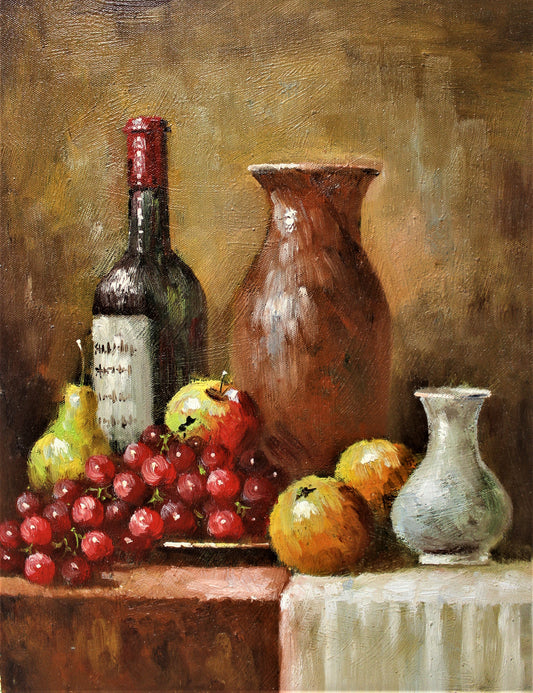 Still life of two vases, a bottle of wine, and fruit