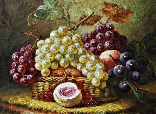 Still life of grapes and peaches in a basket