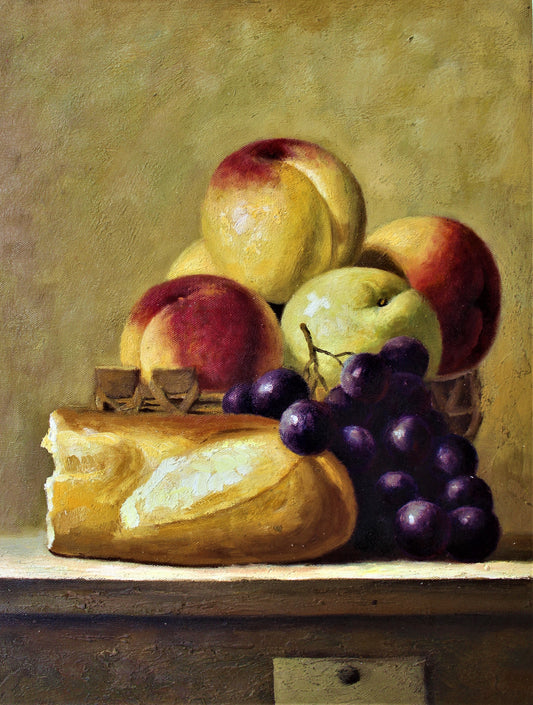 Still life of apples, peaches, grapes and bread