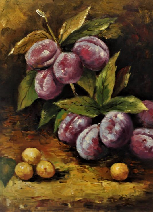 Still life of growing plums