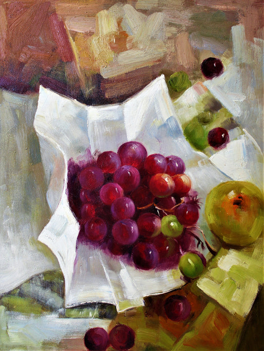 Still life of grapes and an apple