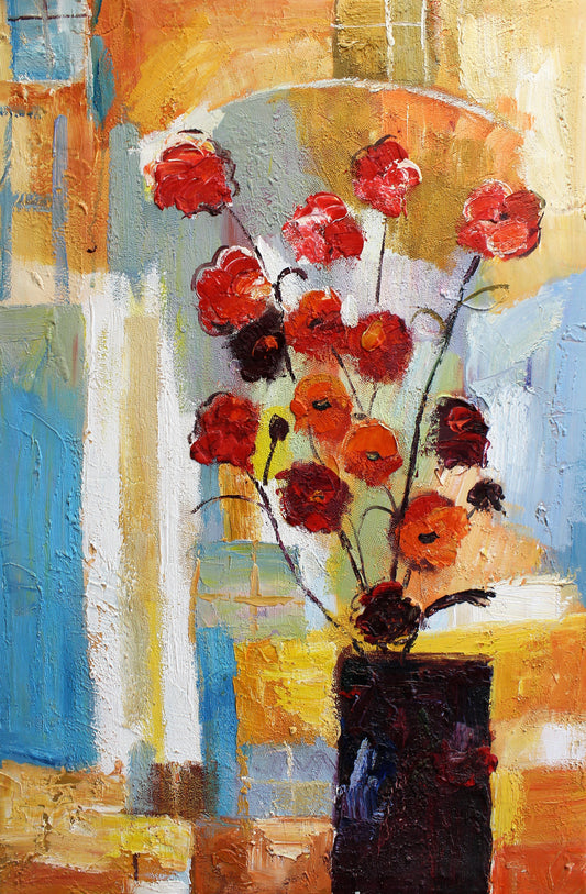 Petites fleurs rouges sur fond abstrait