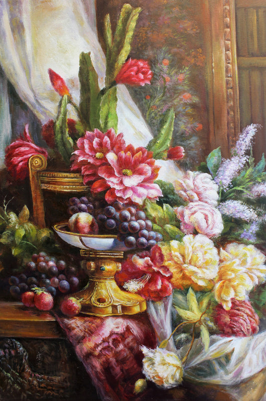 Nature morte de fleurs, de fruits et d'un cactus