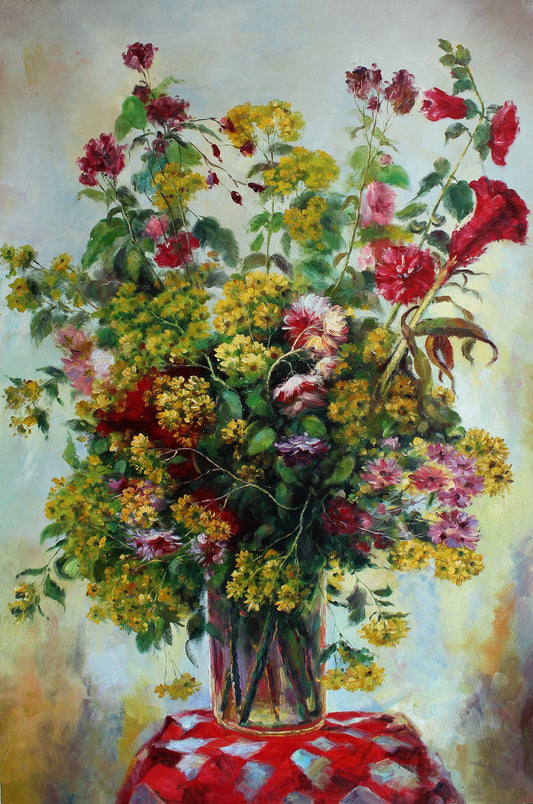 Nature morte de fleurs sur tissu à carreaux