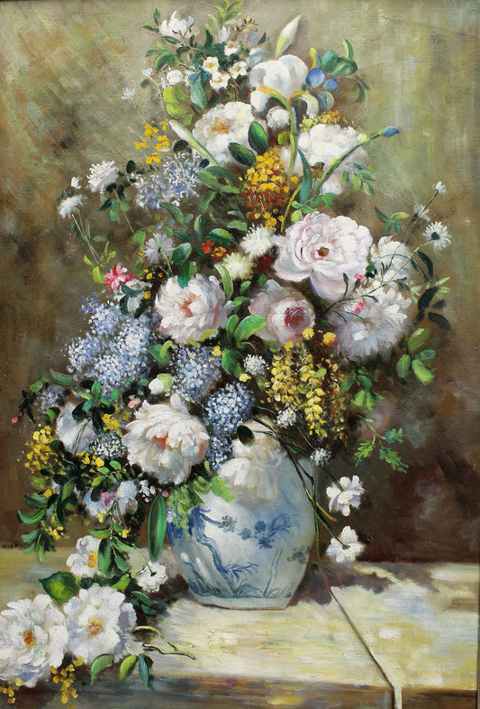 Nature morte de fleurs bleues, blanches et jaunes