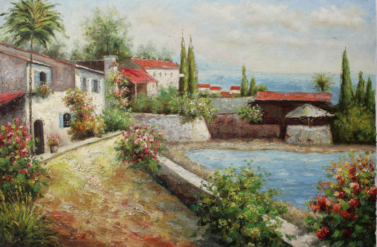 Scène de ville méditerranéenne avec une piscine
