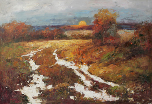 Prairie d'automne avec soleil couchant