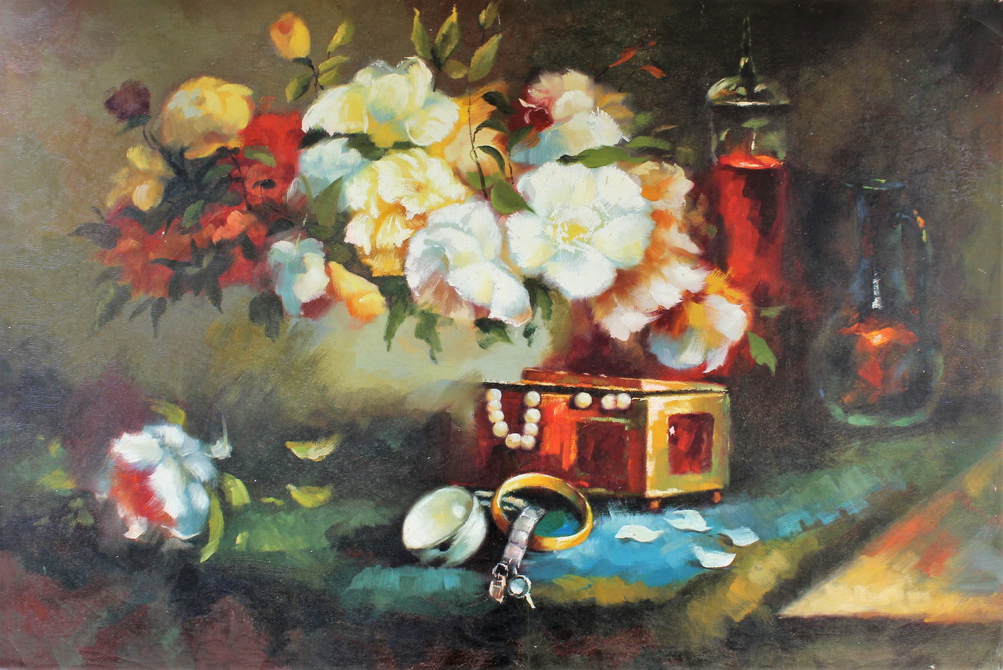 Nature morte de fleurs et de bijoux