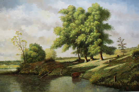 Paysage ensoleillé avec des arbres et un lac