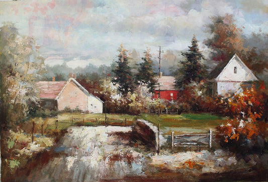 Scène de ferme avec des arbres et des plantes