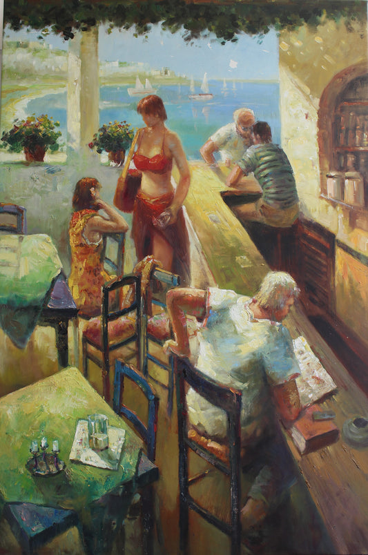 Personnages dans un bar au bord de l'océan