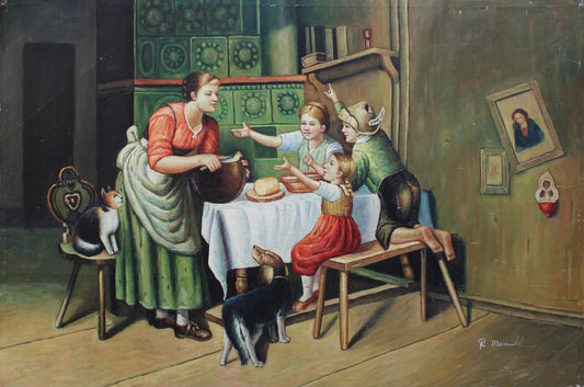 Une mère sert de la nourriture à sa famille