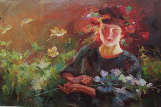 Jeune femme cueillant des fleurs