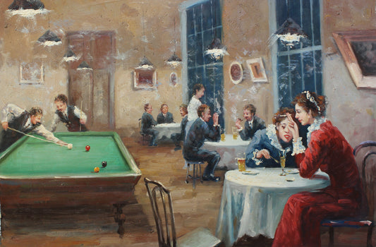 Personnages dans un bar enfumé avec billard