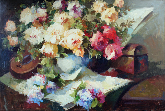 Nature morte de fleurs et de guitare