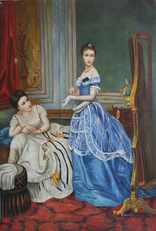 Deux femmes en robe se regardant dans un miroir