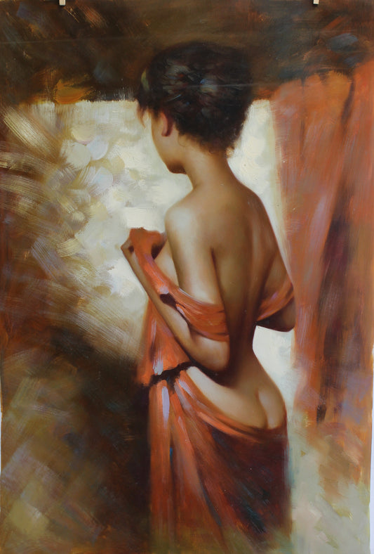 Femme nue drapée de tissu rouge