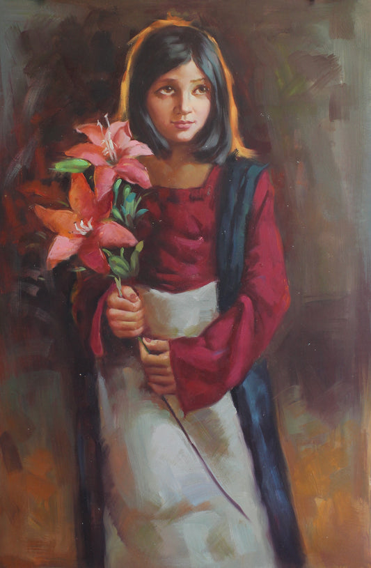 Fille tenant deux lys roses