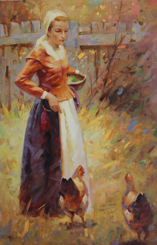 Femme nourrissant les poules