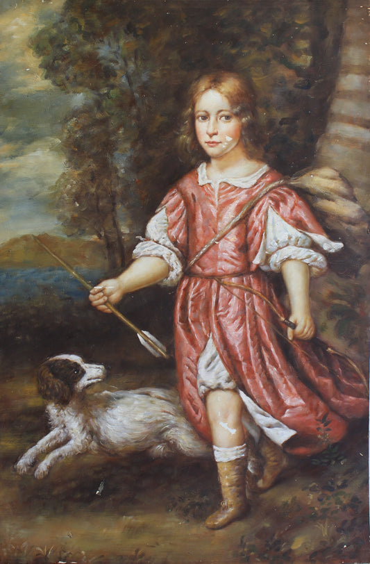 Jeune archer avec un chien dans la forêt