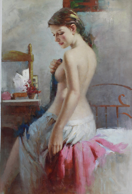 Femme s'habillant assise sur un lit