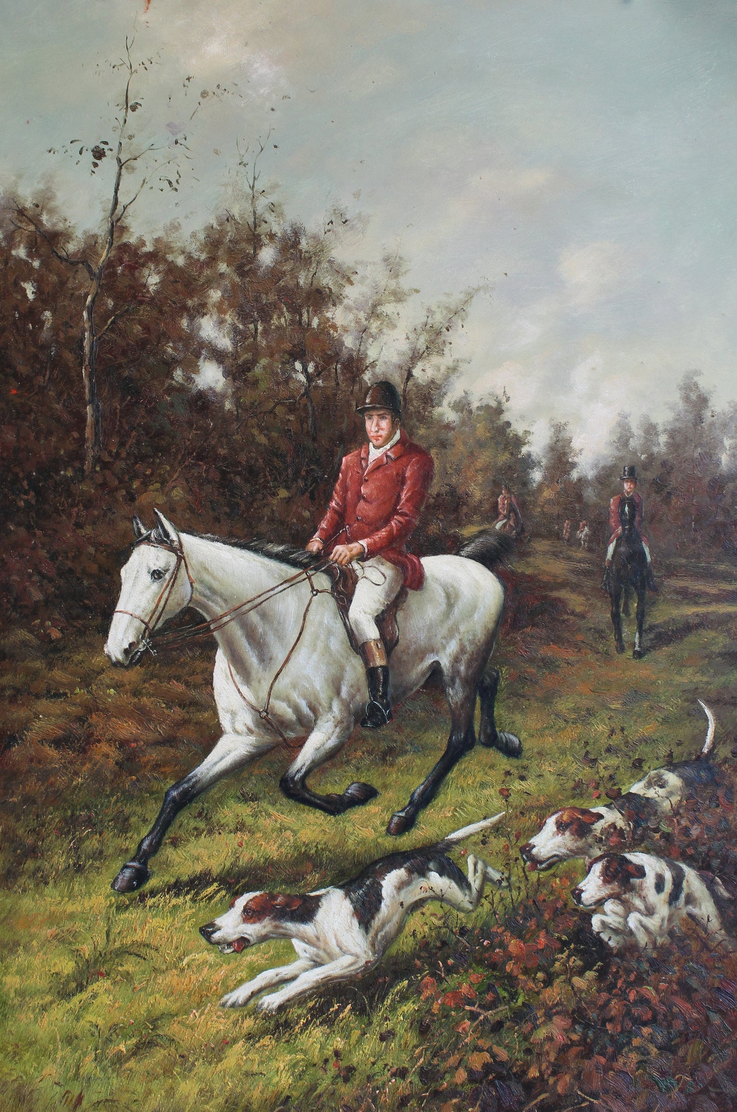 Chasseurs avec trois chiens de chasse