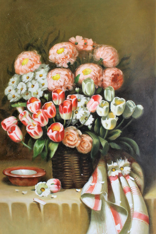 Nature morte de fleurs dans un panier sur une table