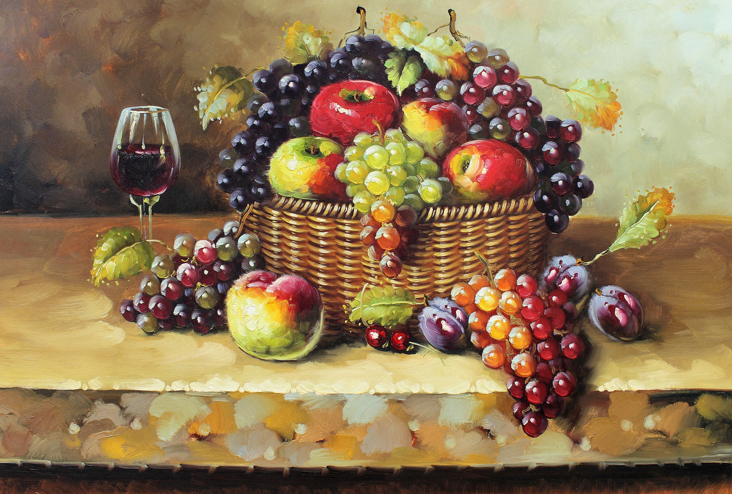 Nature morte de fruits dans un panier et un verre de vin