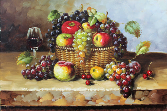 Nature morte d'un verre de vin et de fruits dans un panier