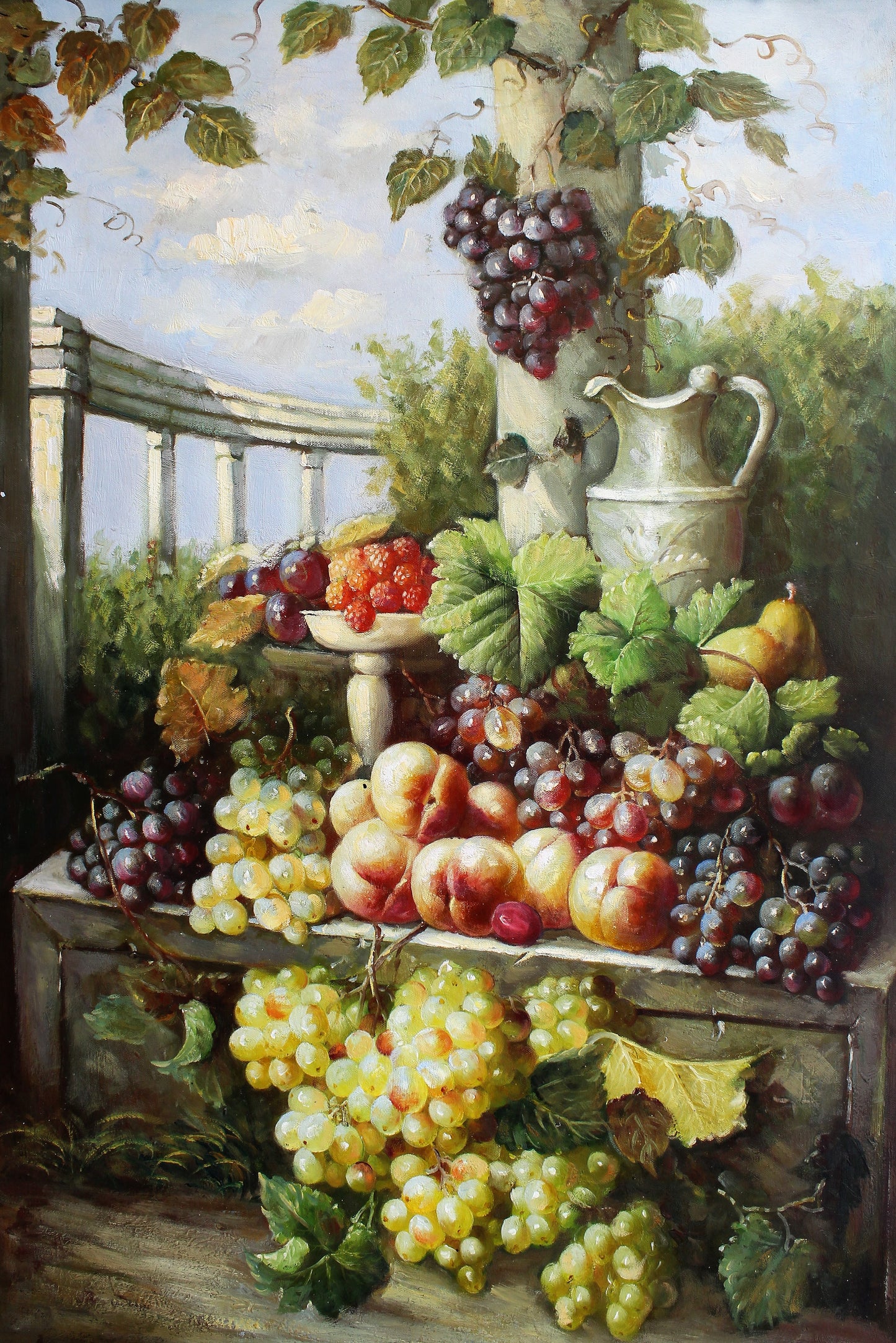 Nature morte de fruits et d'un pichet à l'extérieur