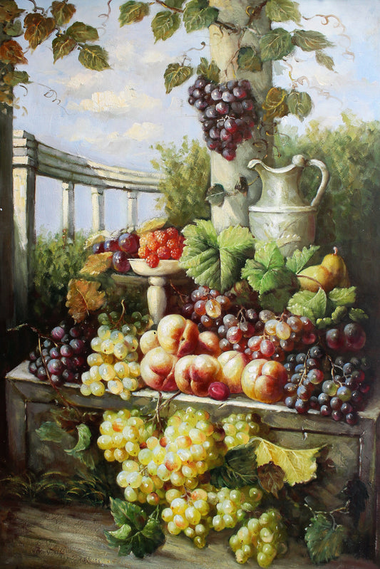 Nature morte de fruits et d'un pichet à l'extérieur