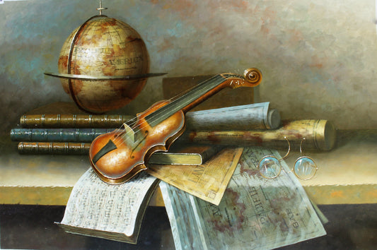 Nature morte avec un globe, un violon et des livres