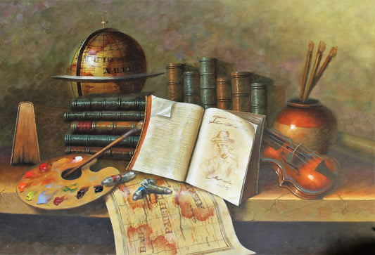 Nature morte avec globe, livres, palette et pinceaux