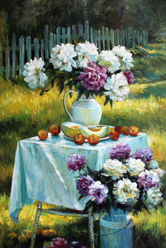 Nature morte en plein air de fleurs, melon et pêches